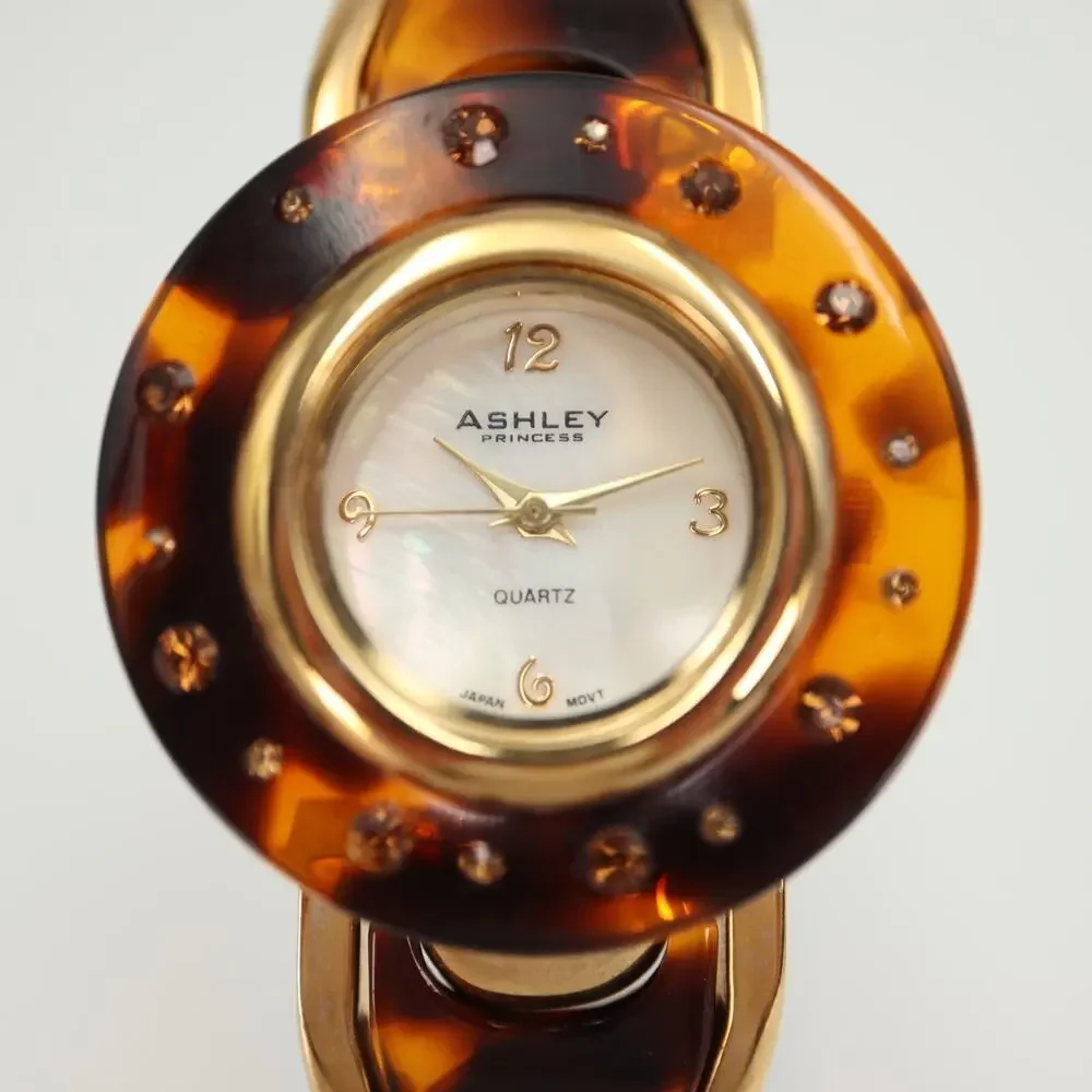 Ashley Princess Womens Watch MOP Dial Tortoise Jewel Bezel Cuff Bracelet Working